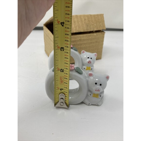 24 White Porcelain Teddy Bear Pink Roses Napkin Rings NEW in Box Set - Picture 13 of 15